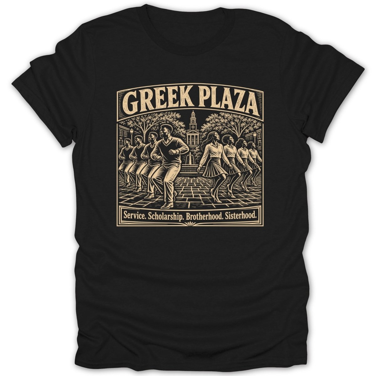 Greek Plaza design with people dancing and text: Service. Scholarship. Brotherhood. Sisterhood.