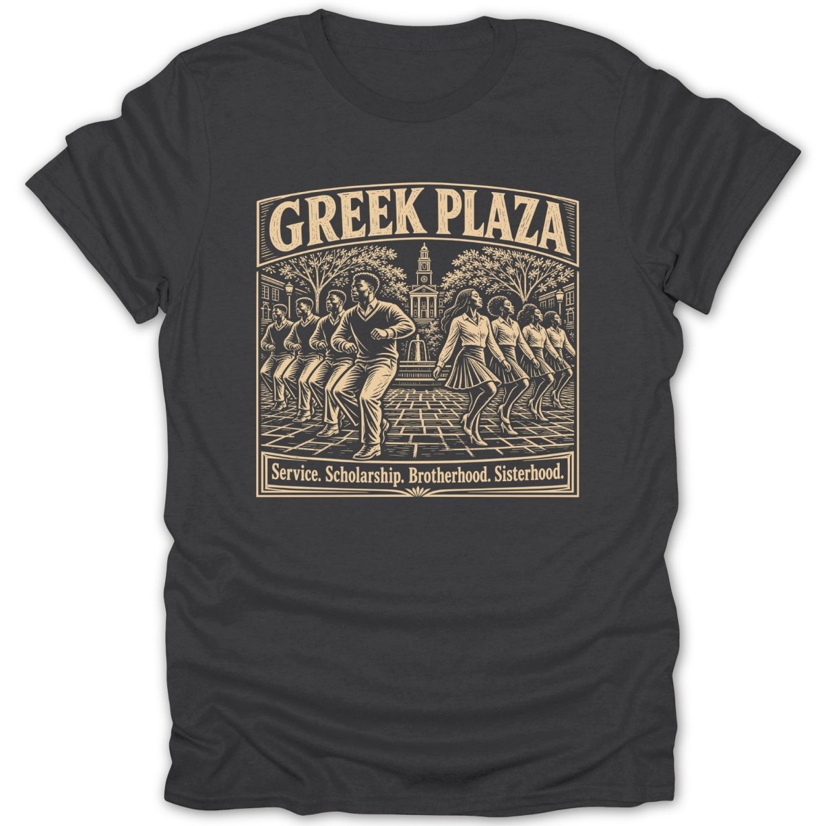 Greek Plaza design with dancing figures and "Service. Scholarship. Brotherhood. Sisterhood." text.