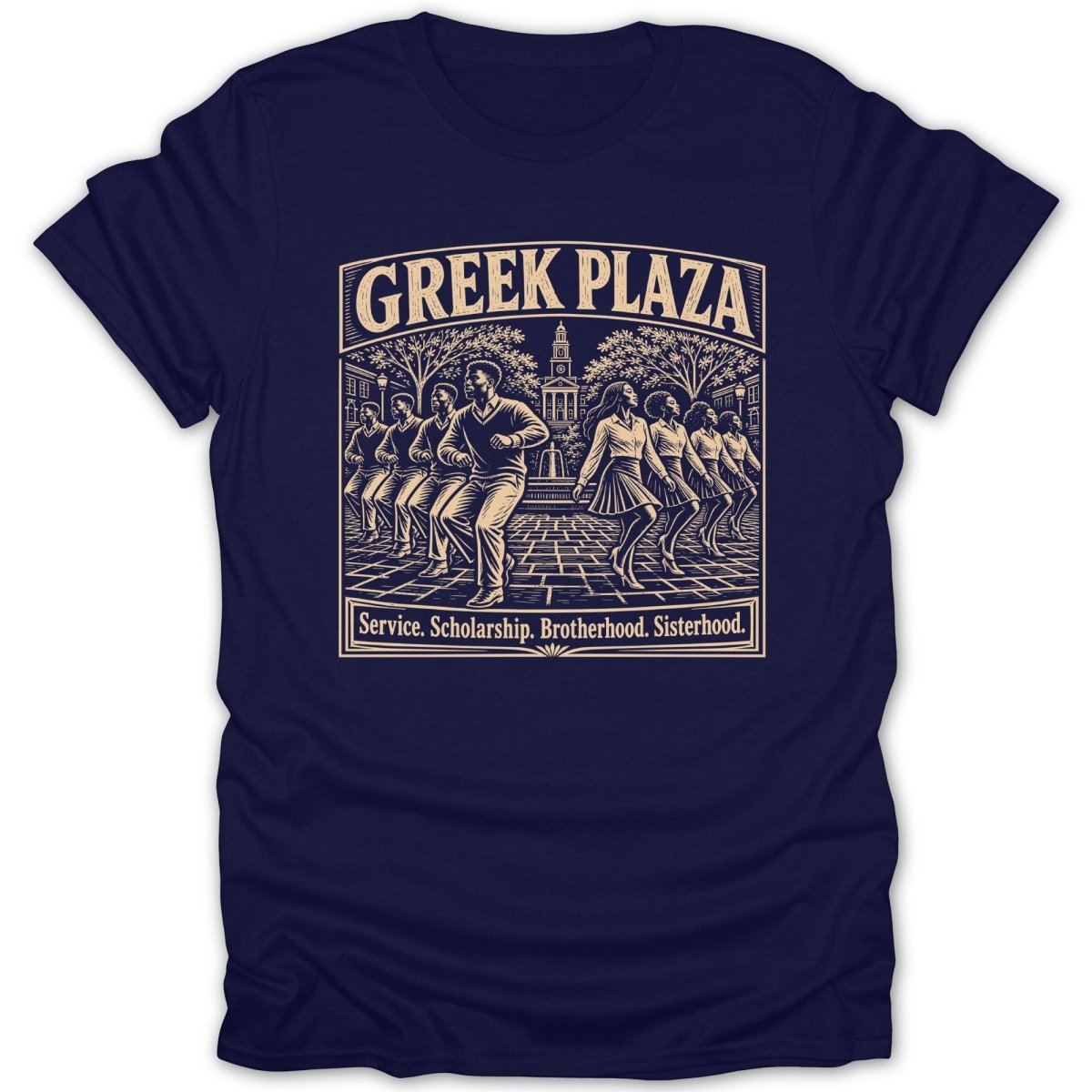 Greek Plaza design with dancing figures and the words Service, Scholarship, Brotherhood, Sisterhood.