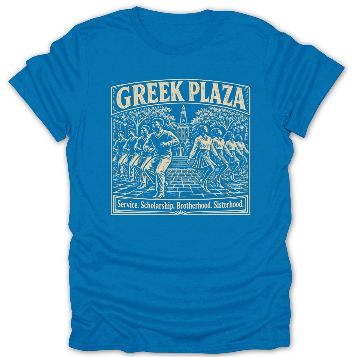 Greek Plaza design with dancing figures and text "Service. Scholarship. Brotherhood. Sisterhood."