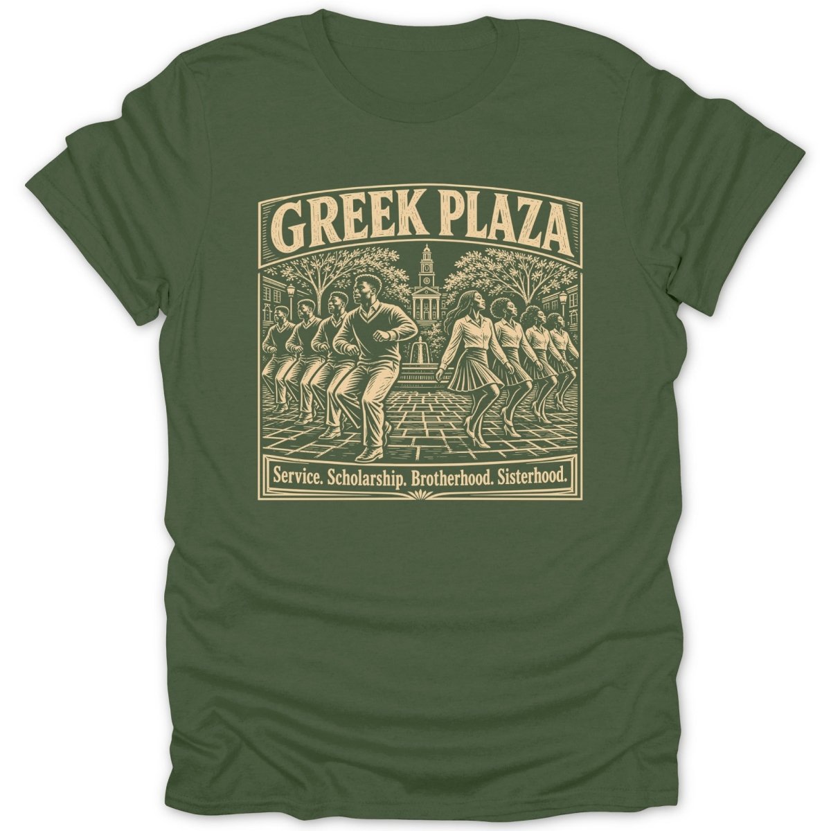 Greek Plaza design with people dancing, featuring text "Service. Scholarship. Brotherhood. Sisterhood."