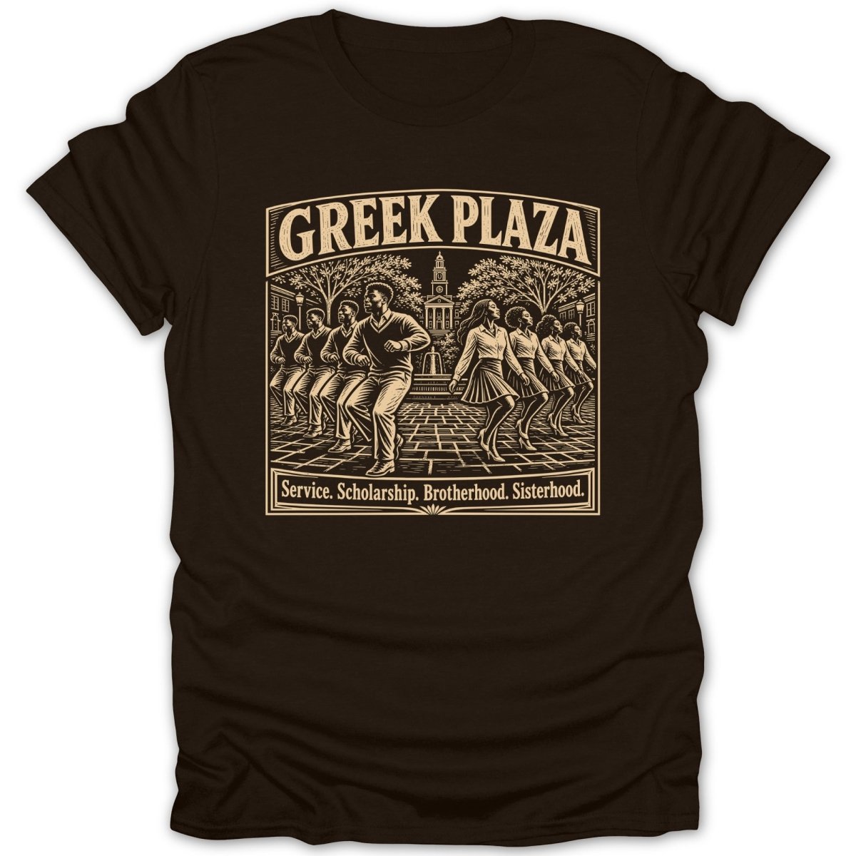 Brown t-shirt with "GREEK PLAZA" text and a scene of people dancing.
