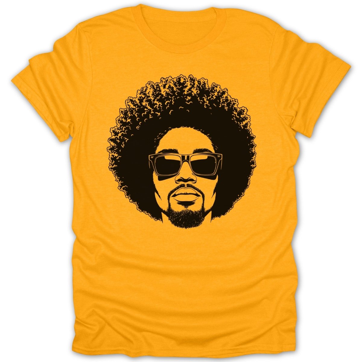 Black graphic of a man with an afro and sunglasses on a marigold t-shirt.