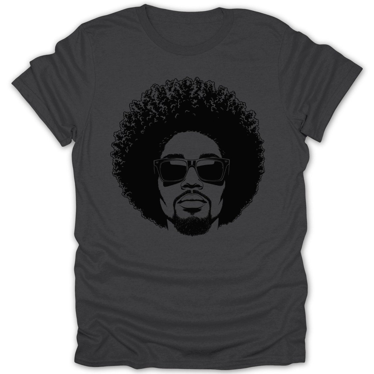 Black graphic of a man with an afro and sunglasses on a dark grey t-shirt.