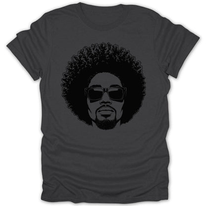 Black graphic of a man with an afro and sunglasses on a dark grey t-shirt.