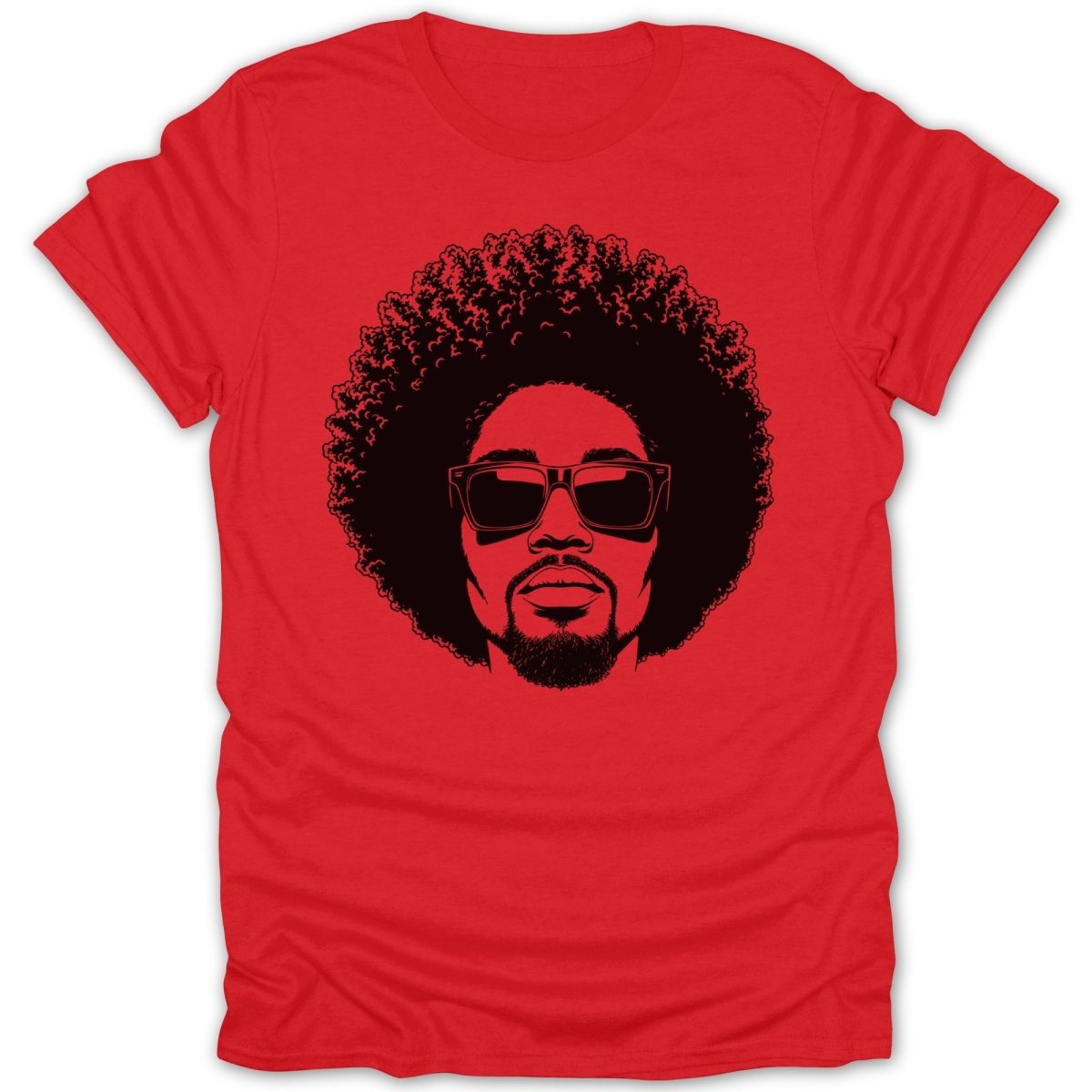 Red t-shirt with a black graphic of a man with an afro and sunglasses.