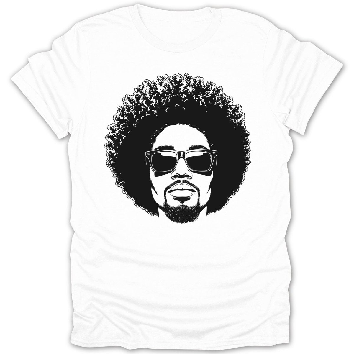 Black and white illustration of a man with an afro and sunglasses on a white t-shirt.
