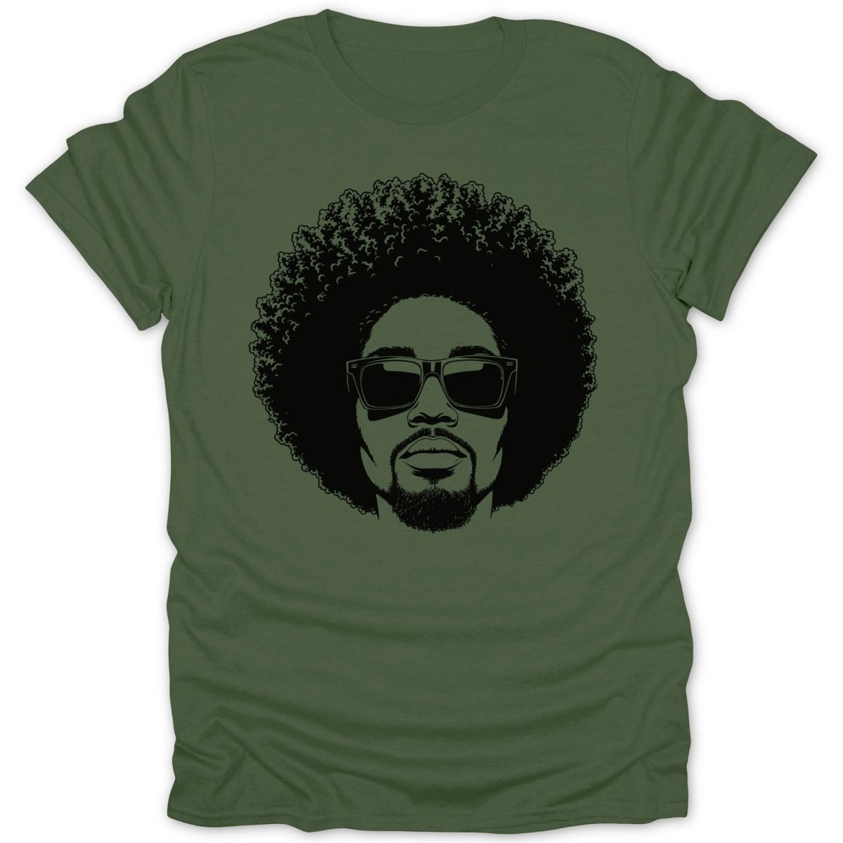Green t-shirt with black graphic of a man's head with afro and sunglasses.