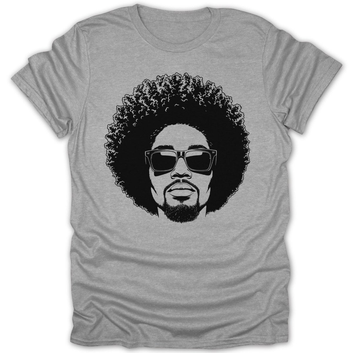 Black and white graphic of a man with an afro and sunglasses on a grey t-shirt.