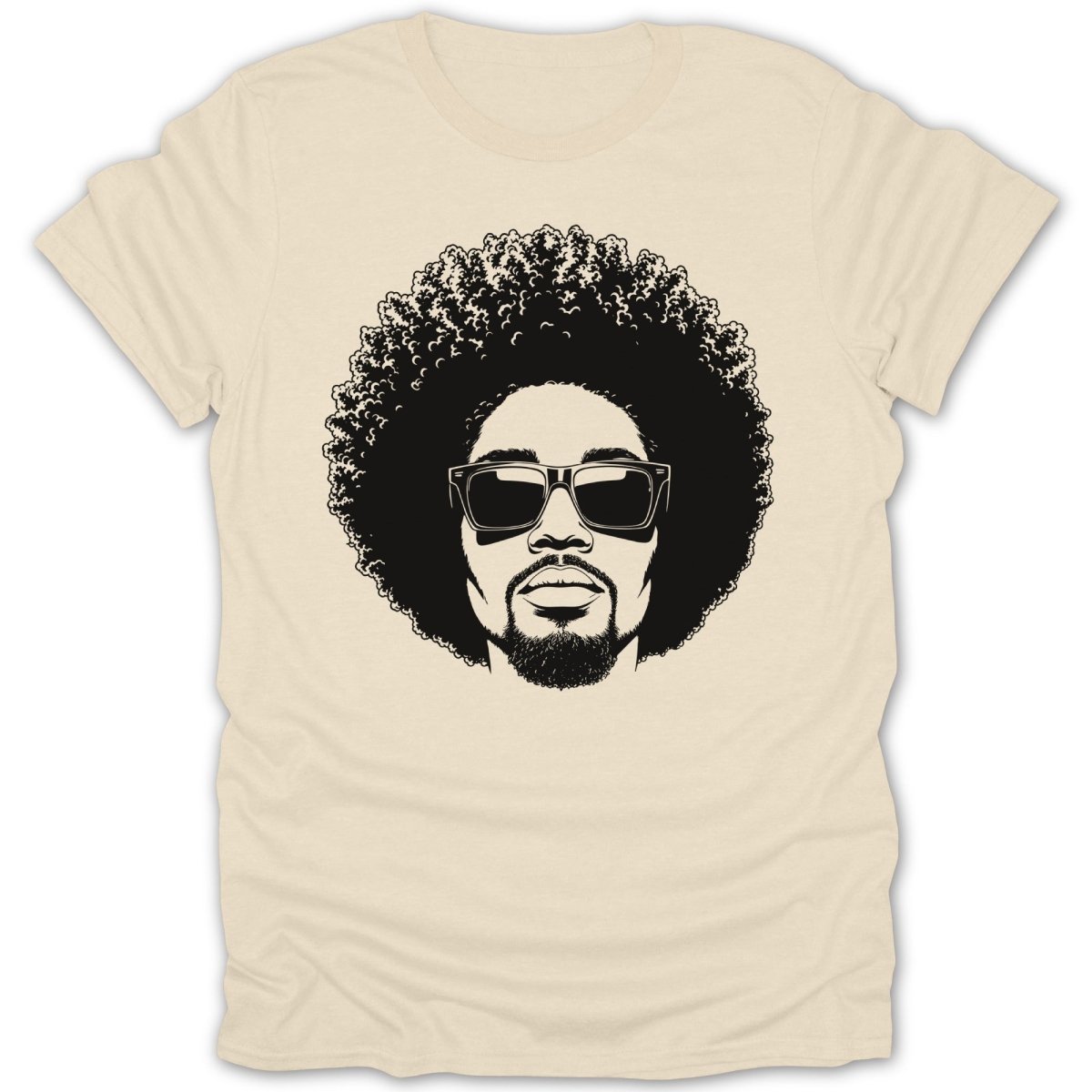 Black and white graphic of a person with an afro and sunglasses on a cream t-shirt.