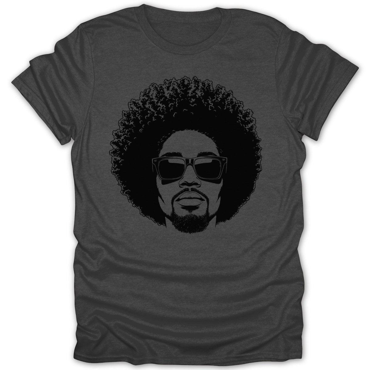T-shirt with black graphic of a man with an afro and sunglasses.