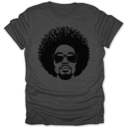 T-shirt with black graphic of a man with an afro and sunglasses.