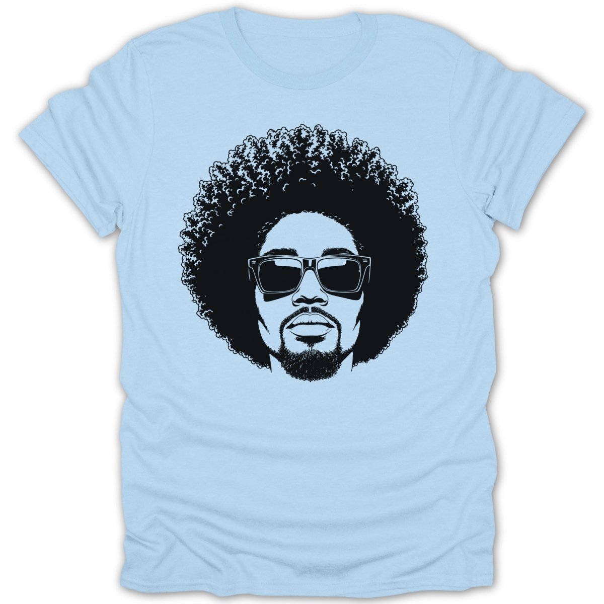 Black graphic of a man with an afro, beard, and sunglasses on a light blue t-shirt.