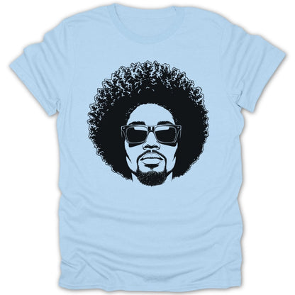 Black graphic of a man with an afro, beard, and sunglasses on a light blue t-shirt.