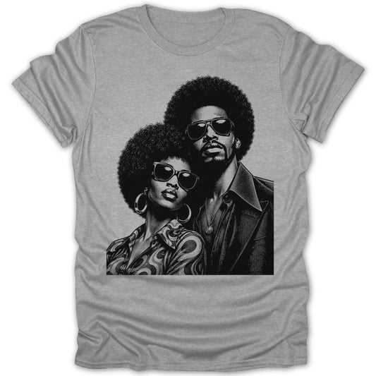 Black and white illustration of a man and woman with afros and sunglasses.