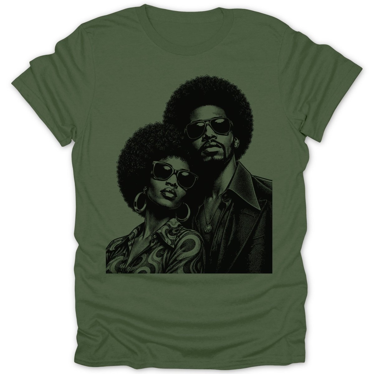 Black and white illustration of a man and woman with afros and sunglasses on a green t-shirt.