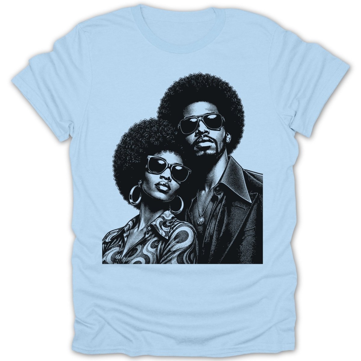 Black and white illustration of a stylish couple with afros and sunglasses on a light blue t-shirt.