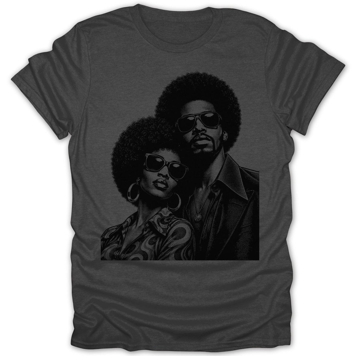 Black and white graphic of a man and woman with afros and sunglasses on a t-shirt.