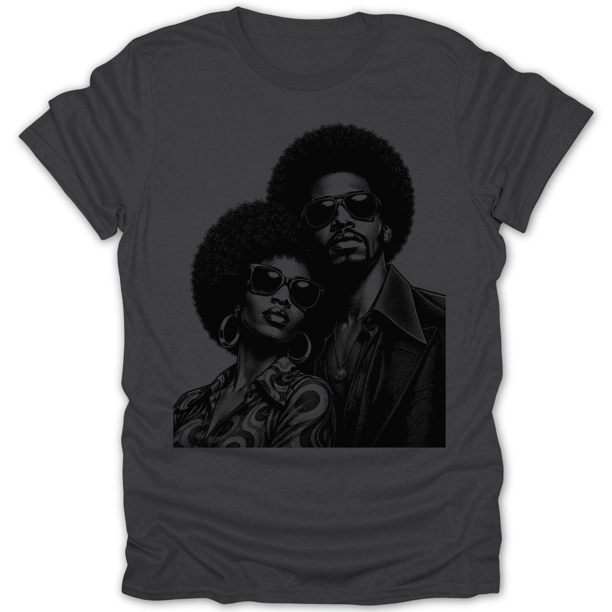 Black and white graphic of a couple with afros and sunglasses on a dark t-shirt.