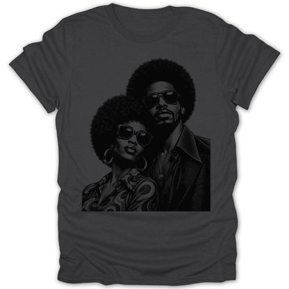 Black and white graphic of a couple with afros and sunglasses on a dark t-shirt.