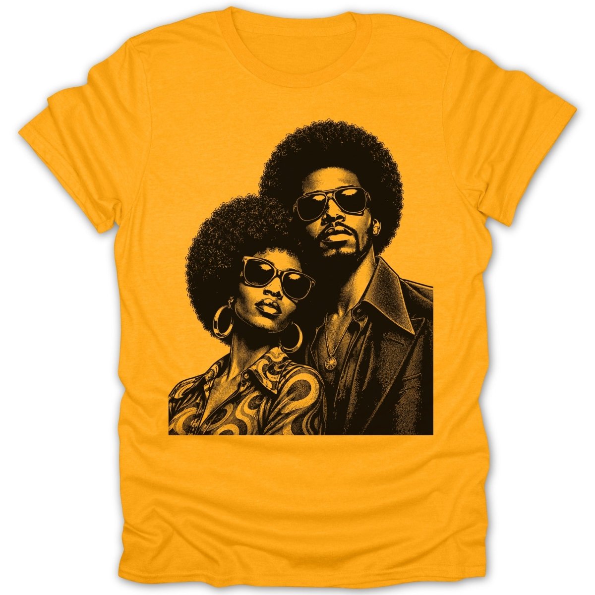 Black and gold graphic on yellow t-shirt featuring a couple with afros and sunglasses.
