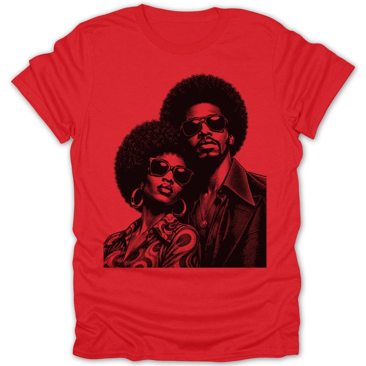 Red t-shirt with a black graphic of a couple with afros and sunglasses.