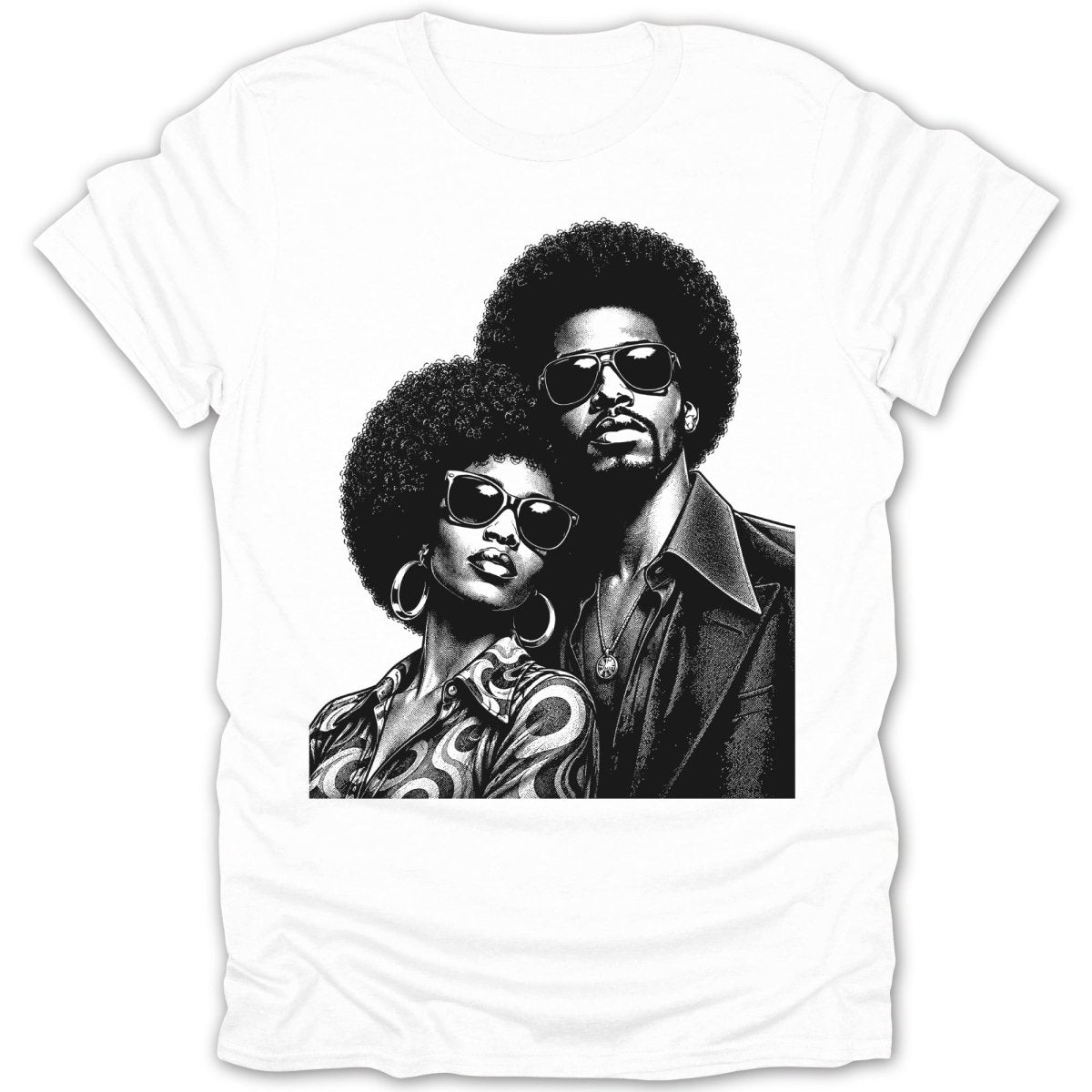 Black and white illustration of a stylish couple with afros and sunglasses on a white t-shirt.