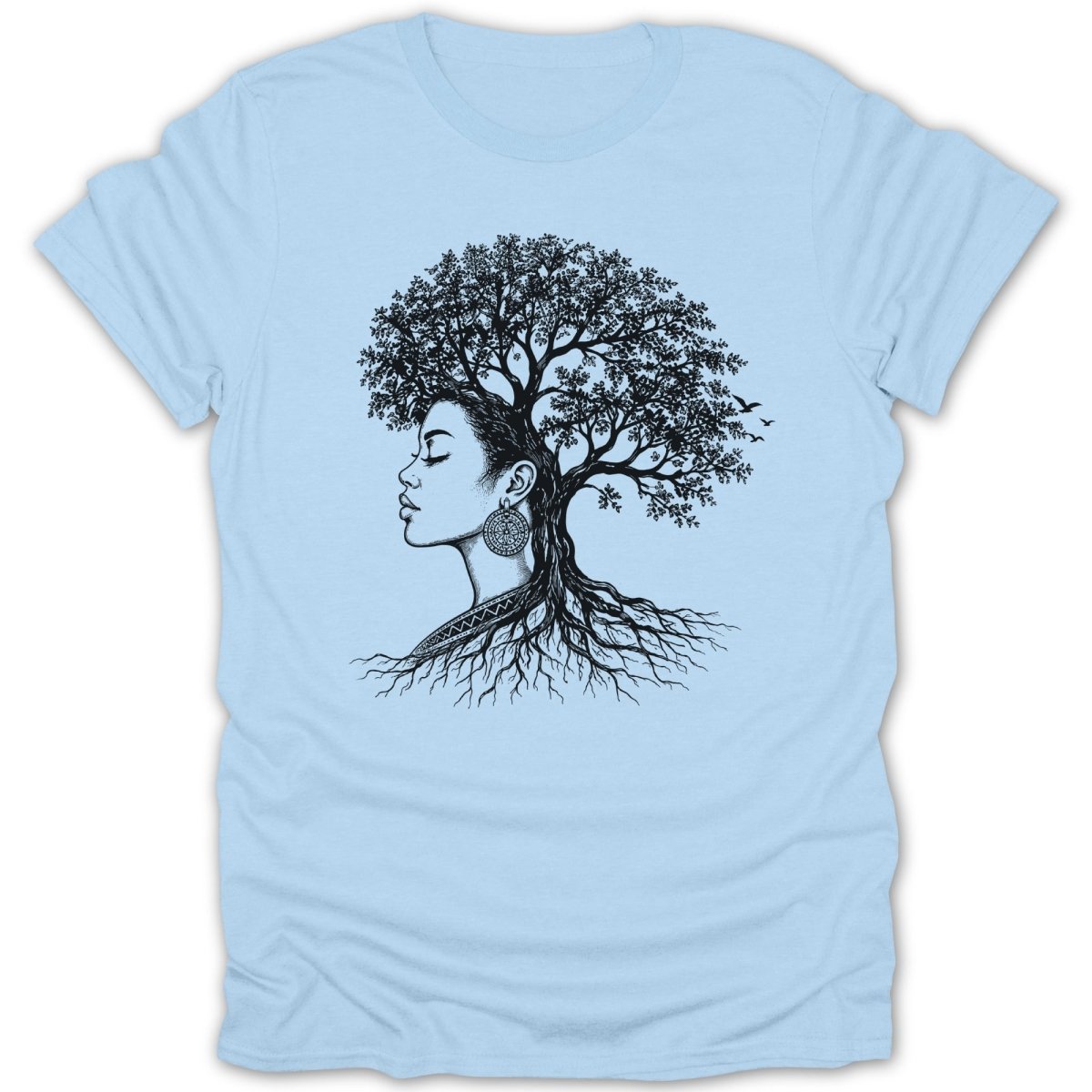 Black illustration of a woman's profile with a tree growing from her head on a light blue t-shirt.