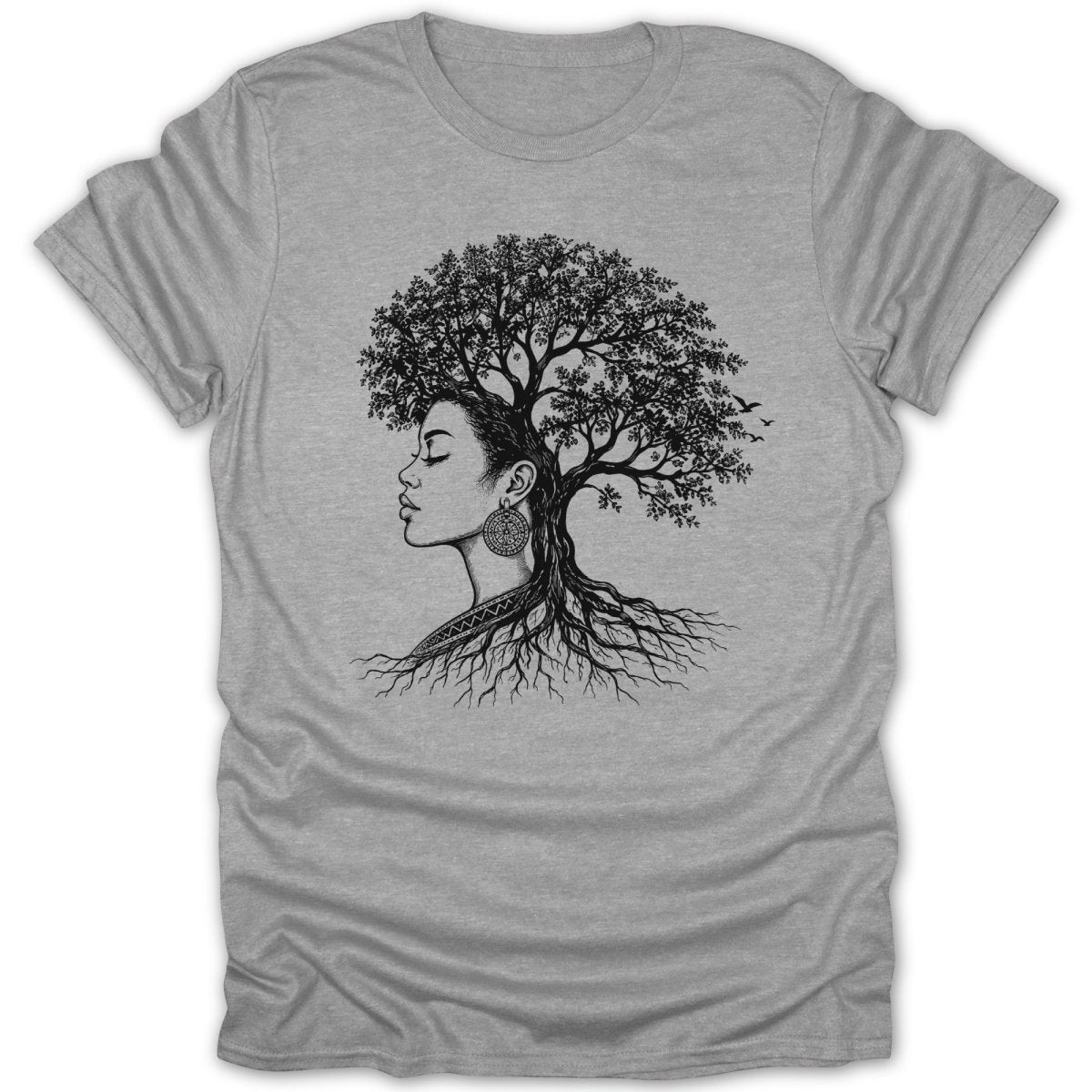 Black and white illustration of a woman with a tree growing from her head on a gray t-shirt.