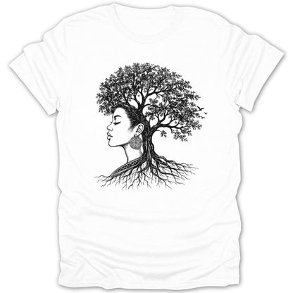 Black and white illustration of a woman with tree roots for hair and birds in the branches.