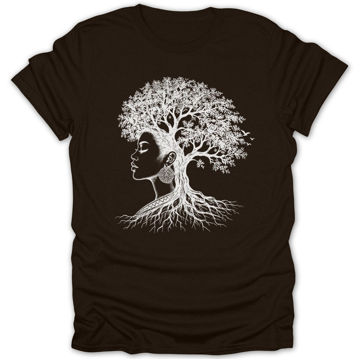White tree with roots forming the silhouette of a woman's profile.