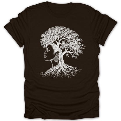 White tree with roots forming the silhouette of a woman's profile.