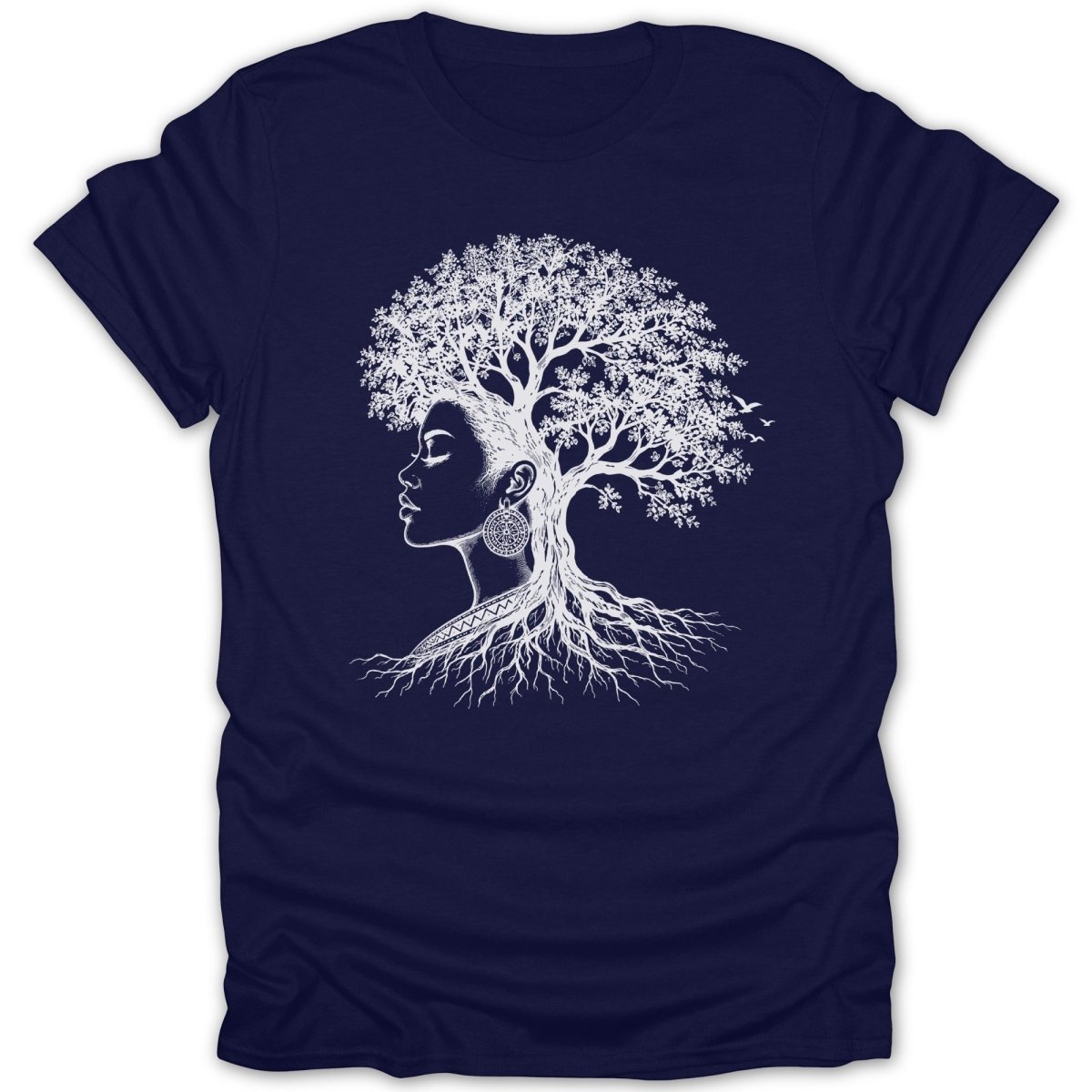 White tree roots form the hair and body of a woman on a navy t-shirt.
