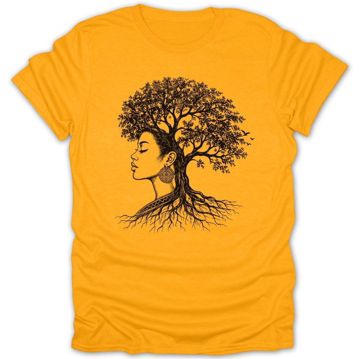 Black ink illustration of woman with tree roots and branches for hair on orange t-shirt.