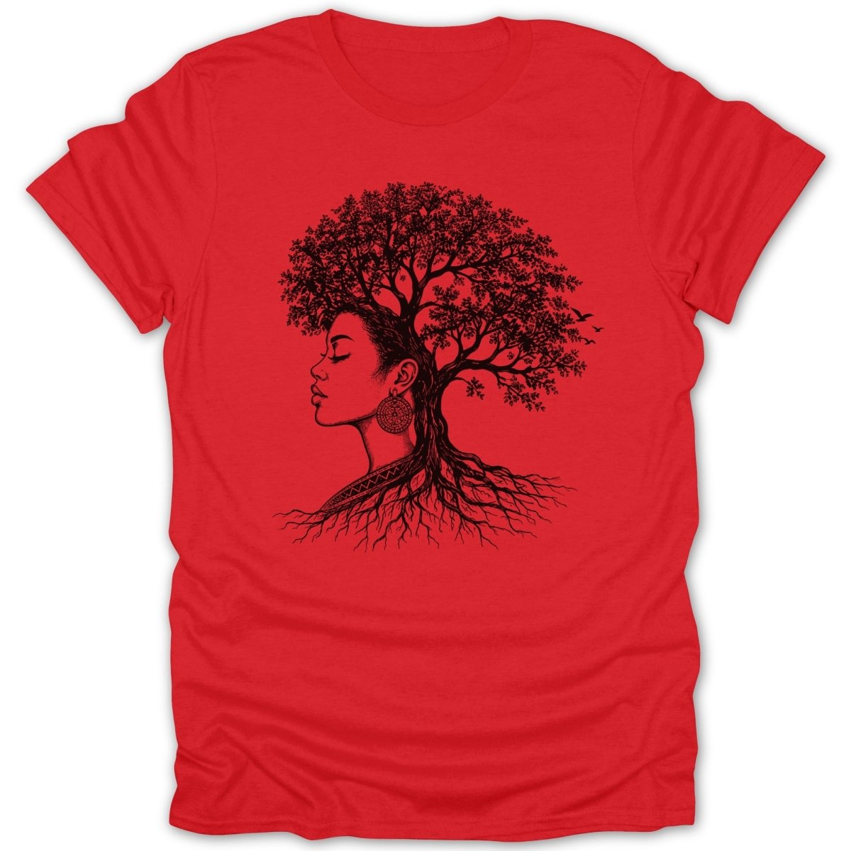 Black line art of a woman with a tree growing from her head on a red t-shirt.