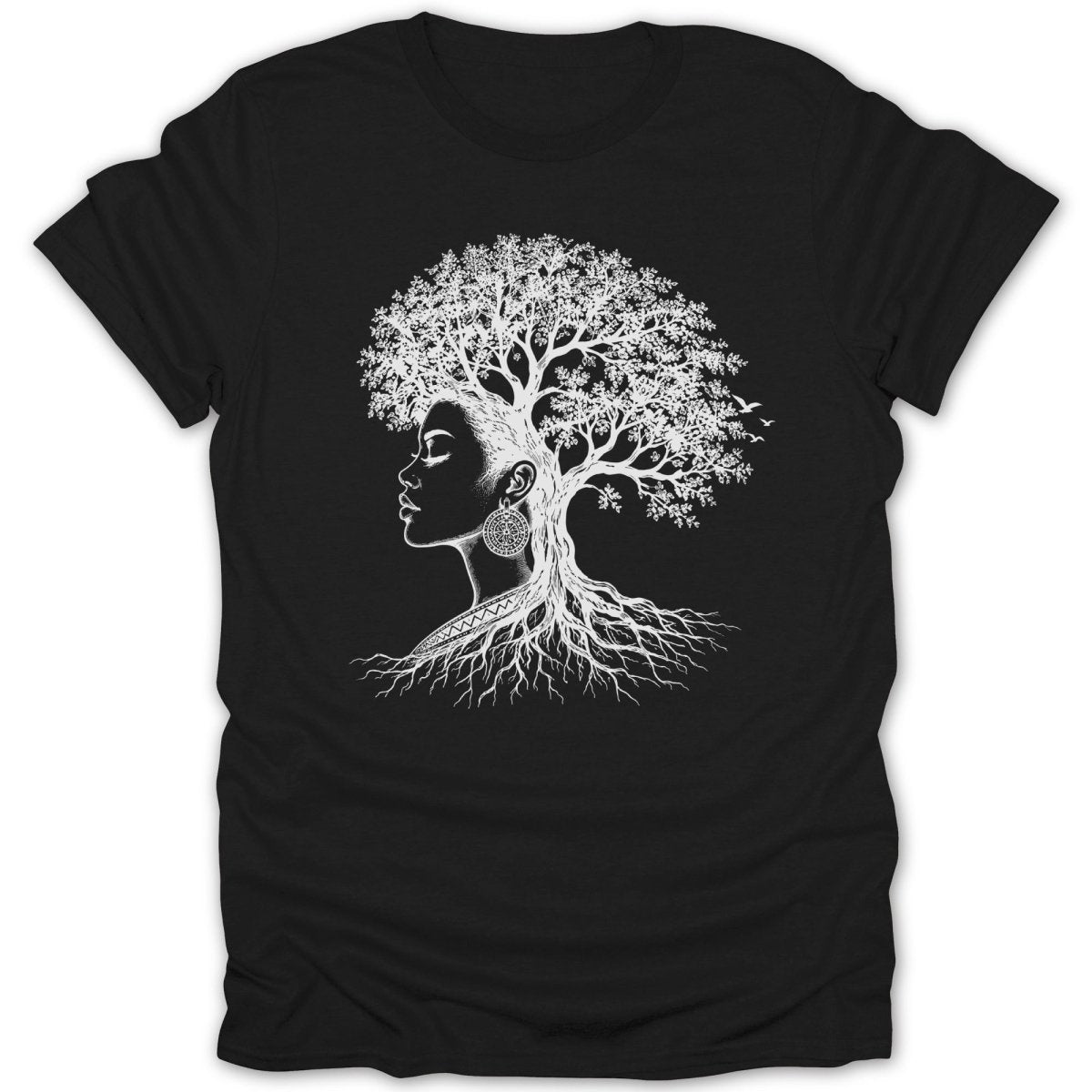 Black t-shirt with white graphic of a woman's profile with a tree for hair.