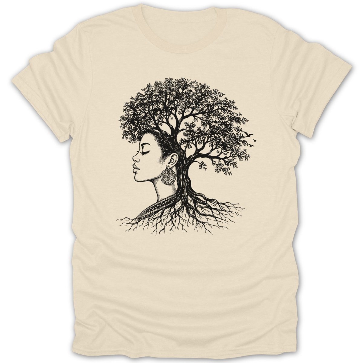 Black line art of a woman's profile with a tree growing from her head and roots below.