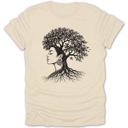 Black line art of a woman's profile with a tree growing from her head and roots below.