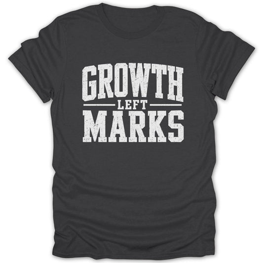 Dark grey t-shirt with white distressed text reading "GROWTH LEFT MARKS".