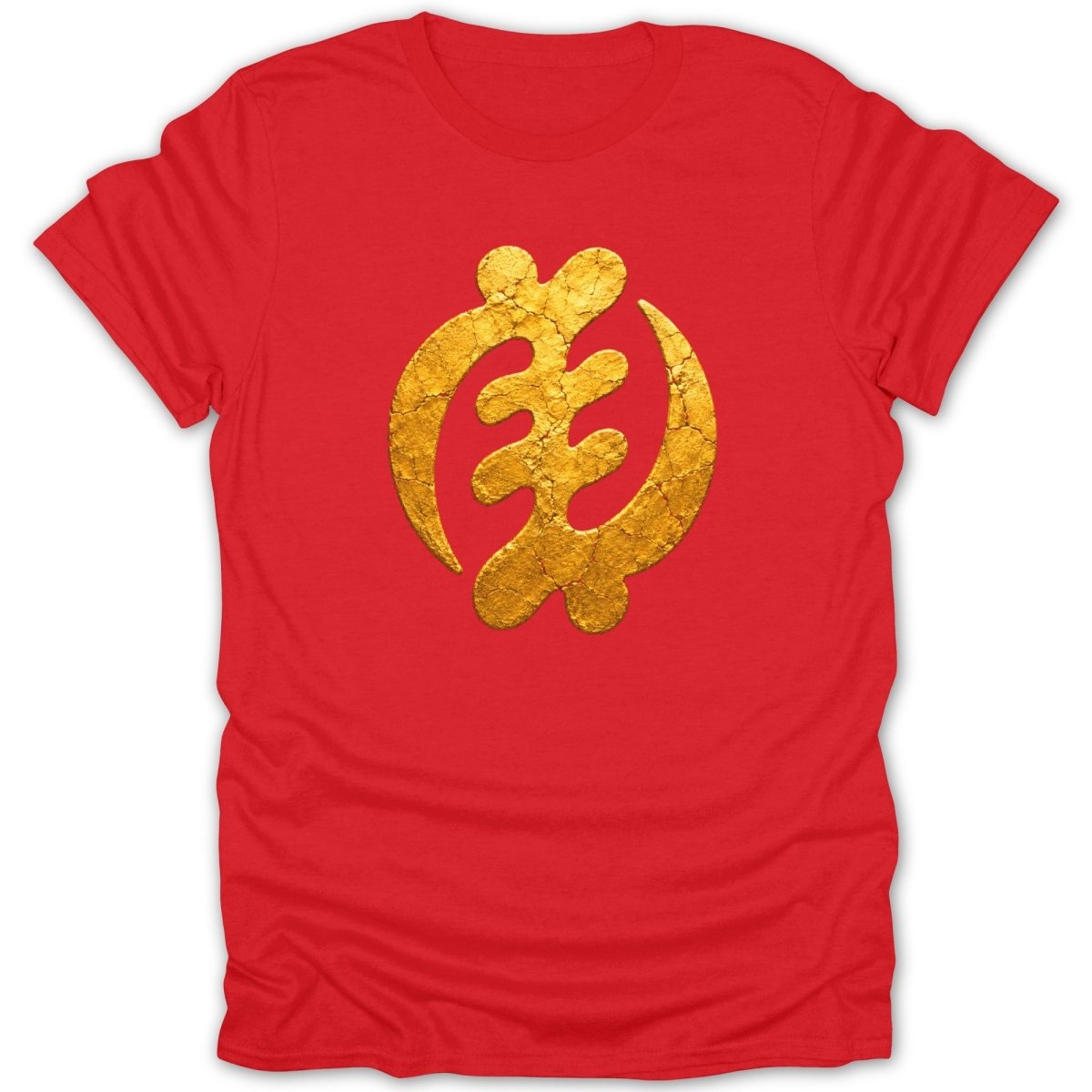 Red t-shirt with a textured gold Adinkra symbol Gye Nyame.