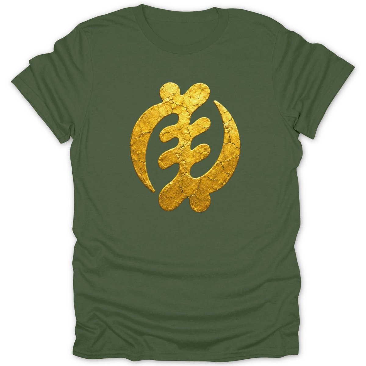 Green t-shirt with a cracked gold Sankofa symbol graphic.