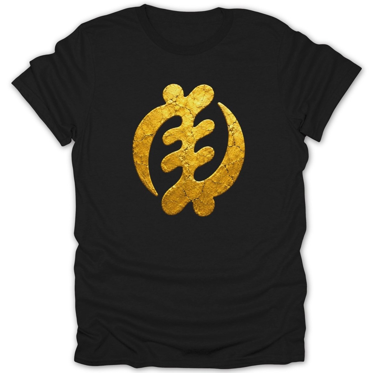 Black t-shirt with a cracked gold Gye Nyame symbol.