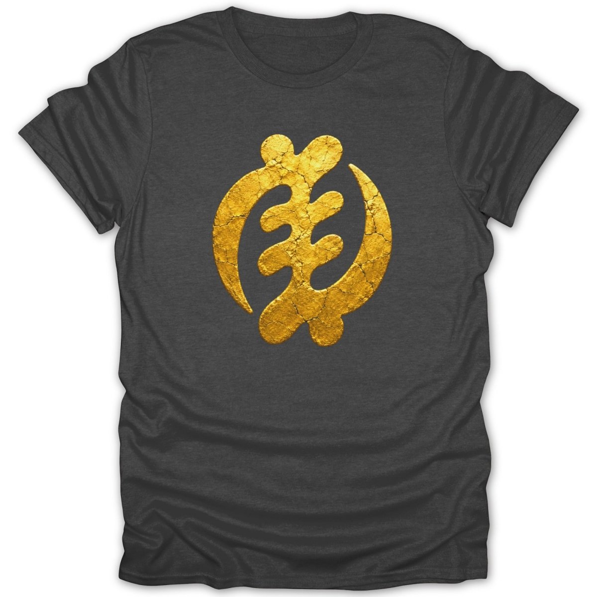 Dark gray t-shirt with a cracked gold Gye Nyame symbol.