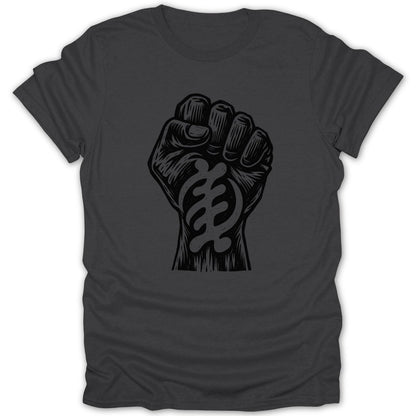 Dark gray t-shirt with a black clenched fist and Sankofa symbol graphic.