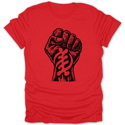 Red t-shirt with a black raised fist and Gye Nyame Adinkra symbol graphic.