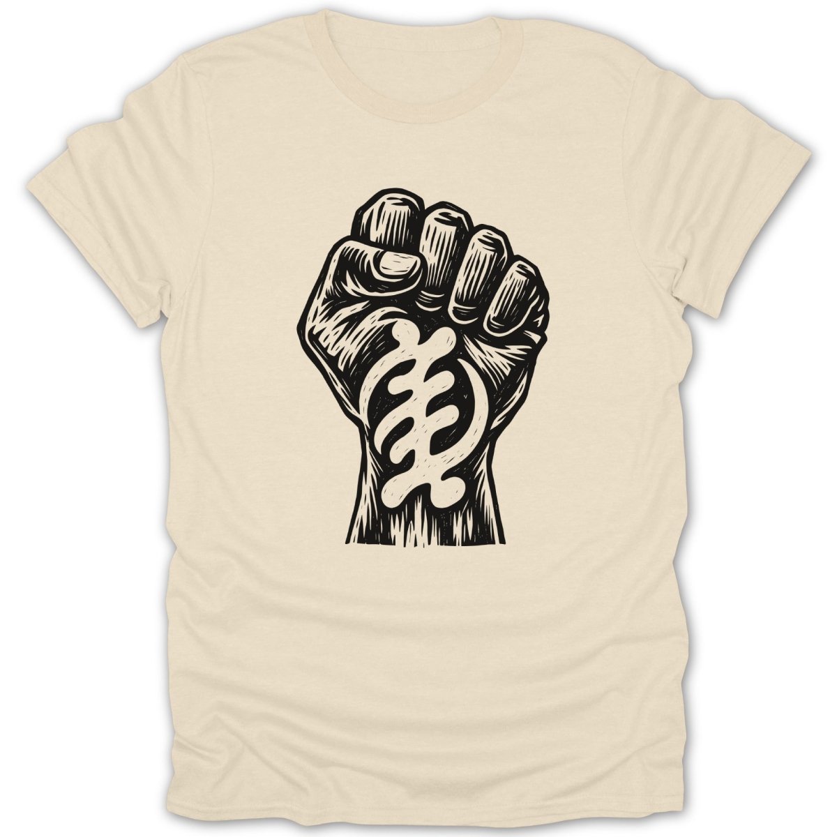 Cream t-shirt with a black raised fist graphic and Gye Nyame symbol.