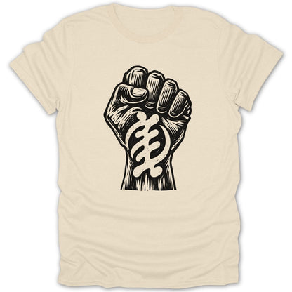Cream t-shirt with a black raised fist graphic and Gye Nyame symbol.