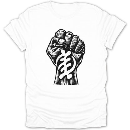 White t-shirt with a black graphic of a clenched fist and Adinkra symbol Gye Nyame.