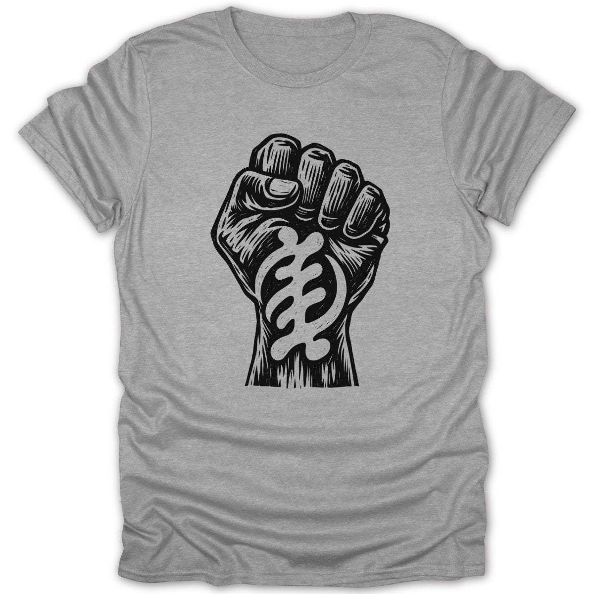 Grey t-shirt with black Adinkra symbol Gye Nyame on a raised fist.