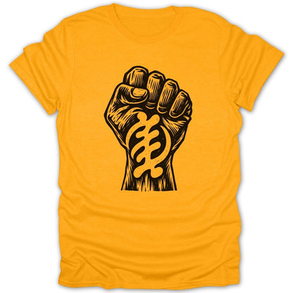 Yellow t-shirt with a black graphic of a clenched fist and Adinkra symbol.
